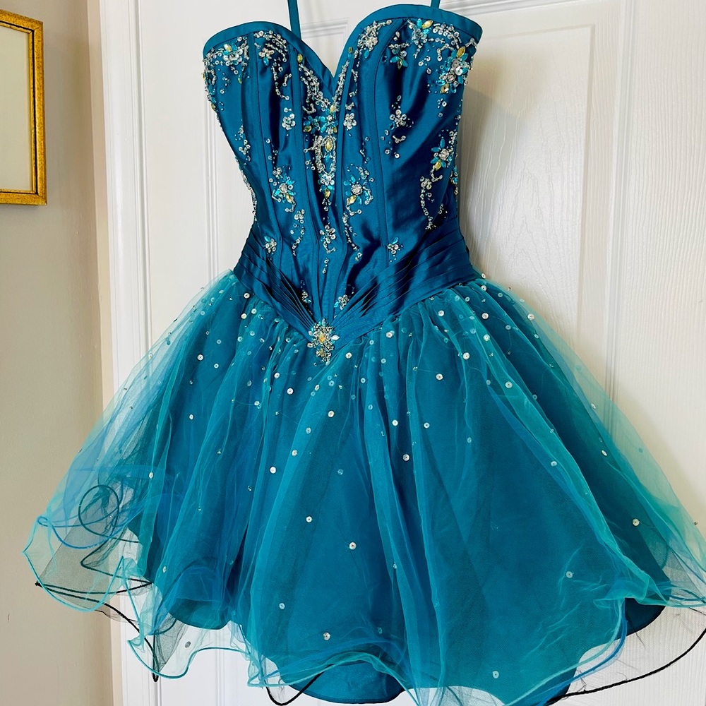 Mori Lee Prom Dress Cocktail Teal Blue Tulle Rhinestone Corsette